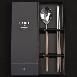 [HAEMO] Venezia Spoon Chopsticks Brown 1Set (BK) _ Reusable Stainless Steel Korean Chopstix Spoon Cutlery Tableware Home, Kitchen or Restaurant, Made in Korea